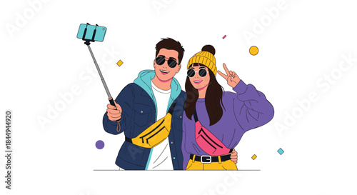 A stylish young couple in trendy outfits taking a happy selfie together with a selfie stick, illustrated in a modern style.
