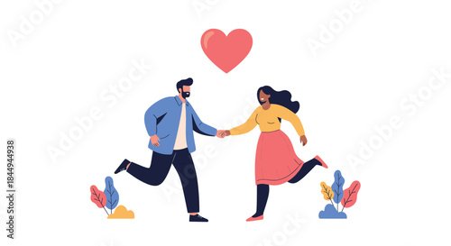 A happy and diverse couple holding hands and running together under a large red heart, symbolizing love, romance, and relationships.