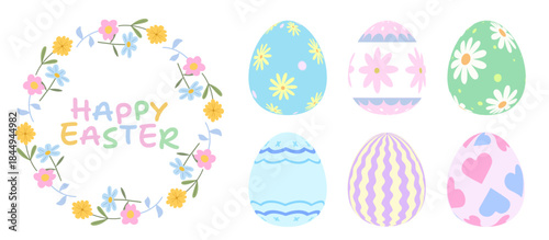 カラフルで明るい６種類のイースターエッグと3色の春のお花のリースの素材