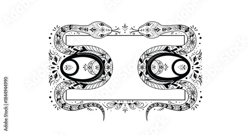 An ornate and symmetrical black and white frame featuring two mystical snakes and zodiac cancer signs, in a bohemian tattoo style.