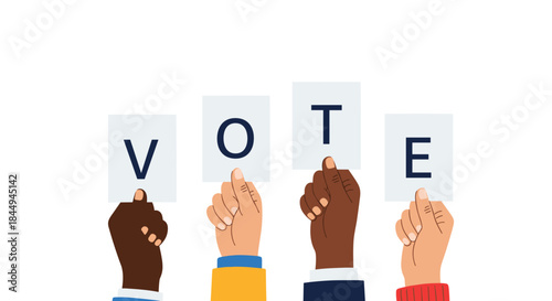 Diverse group of hands with different skin tones holding up cards that spell out the word VOTE, representing unity and democratic participation.