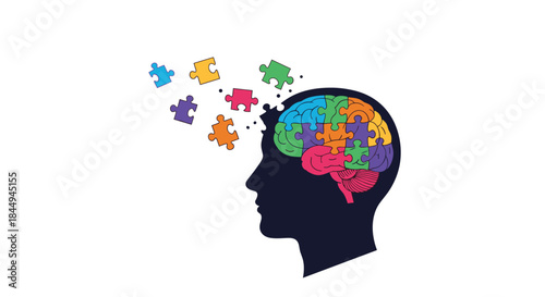 Conceptual illustration of a human head in silhouette with a brain made of a colorful jigsaw puzzle, symbolizing mental health and creativity.