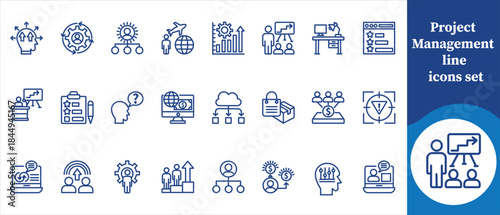 Project management line icon set, business and finance, information technology, thinking, financial, documents, networking, online banking, banking, recession, cloud, timer, human brain and more