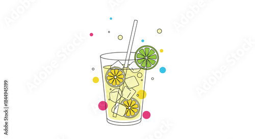 Refreshing summer lemonade or cocktail in a glass with ice cubes, lemon and lime slices, and a straw, depicted in a minimalist line art style.