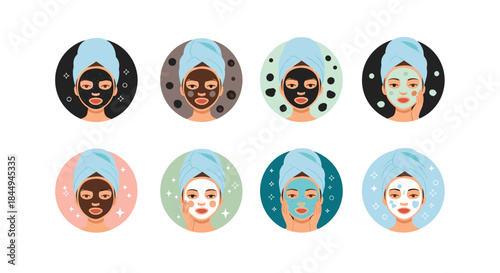 Set of round icons showing a woman's skincare routine, applying various types of cosmetic face masks for beauty and facial treatment.