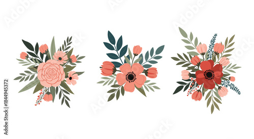 Beautiful collection of three floral bouquets with hand-drawn pink and red flowers, buds, and green leaves for decorative design.