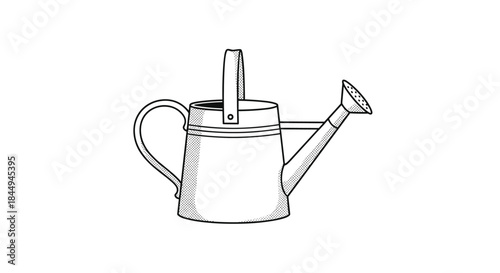 Vintage-style black and white ink drawing of a garden watering can, illustrated using a stippling or pointillism dotwork technique.
