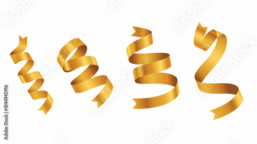 Golden Ribbons Twirling on White Background