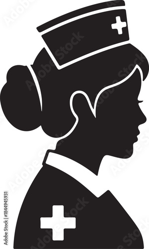 Black silhouette icon of a vintage female nurse profile with a traditional cap