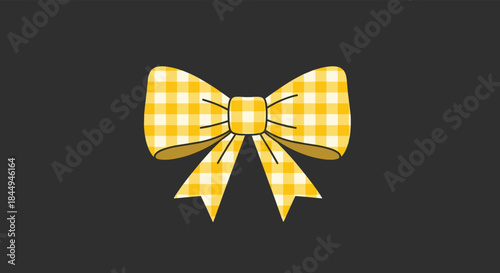 Cute yellow and white gingham patterned bow illustration, perfect for decoration or gift wrapping, on a dark background.