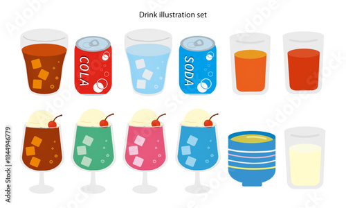 飲み物イラストセット|コーラ・ソーダ・オレンジジュース・トマトジュース・牛乳・お茶・クリームソーダ/商品向け素材/Drink illustration set
