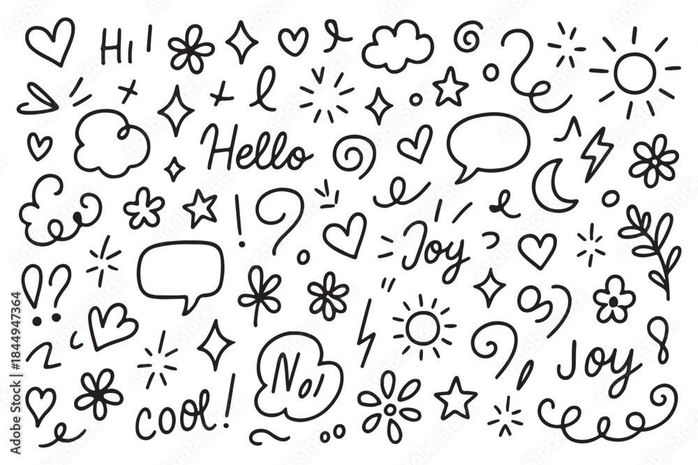 Fototapeta premium Icon cute background line flower element hand heart pattern star drawn. Background icon cute cloud vector sticker crayon cartoon child children arrow sketch summer school shape chalk text set graphic.