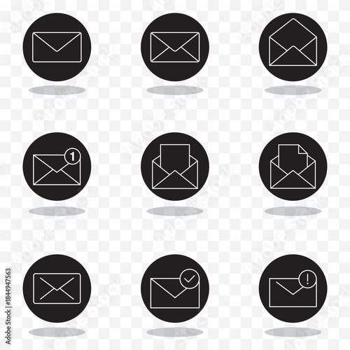 Set of mail envelope icon. Closed envelope, opened letter, with checkmark and email. E-mail icon, sign of an incoming unopened message. Folded and unfolded envelope mockup. Vector illustration. EPS 10