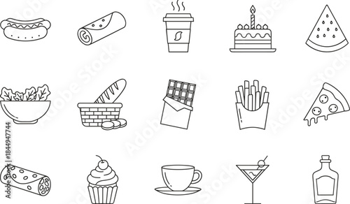 Food drink line icons set fast food dessert beverage coffee pizza cake chocolate vector outline illustration collection