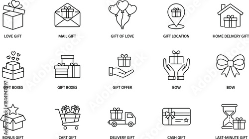 Gift, present, line, icons, set, love, delivery, box, bow, shopping, surprise, celebration, holiday, valentine, birthday, vector, outline, illustration, ecommerce, design