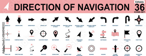 Direction of Navigation 36 Vector Icon Set with Arrows, Location Pins, Map Markers, Compass, GPS Symbols for Web, App UI, Infographic, Wayfinding and Travel Design