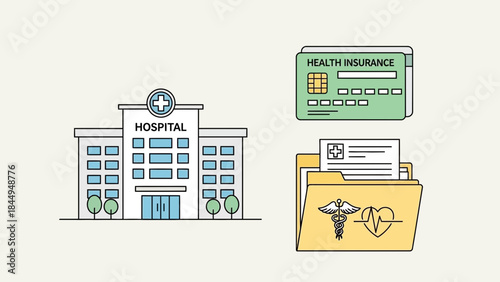 Hospital visit health insurance card medical records folder caduceus heartbeat concept illustration