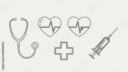 Stethoscope heart ecg cross syringe medical health care icon set line art minimal design