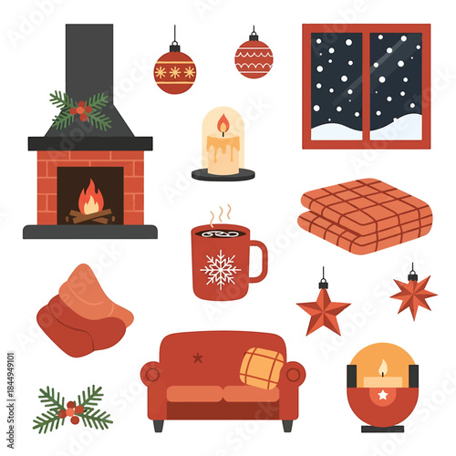 Cozy Winter Scene Illustrations Fireplace, Sofa, Blanket, and Candle with Snowfall