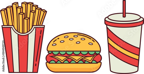 American Food Set Illustration. Classic American Food Collection Design. Popular American Cuisine Food Set. Traditional American Food Items Illustration. Fast Food Style American Food Set
