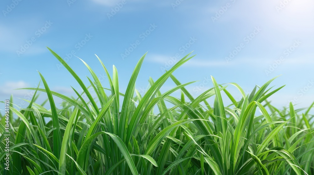 Fototapeta premium Lush Green Grass Against a Clear Blue Sky with Soft Clouds and Bright Sunlight in a Scenic Outdoor Environment
