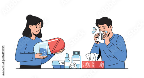 Woman holding a large pill and offering medicine to a sick man with a runny nose, illustrating care, cold, flu, and allergy treatment.