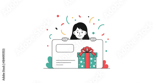 Happy young woman holding a large gift card with a present, surrounded by confetti, representing a loyalty program, prize, or special offer.
