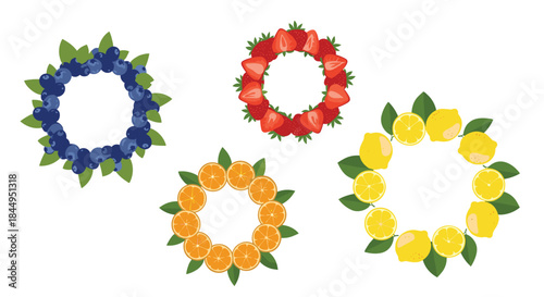 Set of four beautiful and fresh fruit wreaths, featuring circular frames made of blueberries, strawberries, oranges, and lemons with green leaves.