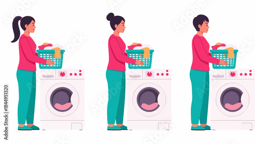 Three women standing next to washing machines holding laundry baskets, ready to do laundry.