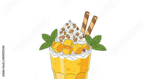 Delicious mango smoothie or milkshake topped with whipped cream, fresh mango cubes, granola, mint leaves, and wafer sticks in a tall glass.