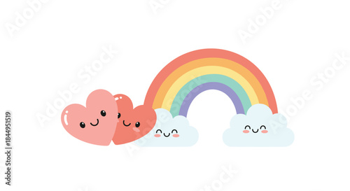 Adorable kawaii illustration featuring two smiling pink hearts snuggling next to happy clouds under a beautiful and colorful pastel rainbow arch.