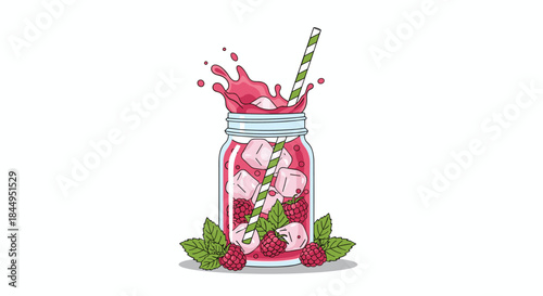 Refreshing raspberry lemonade or iced tea splashing in a mason jar with ice cubes, a striped straw, and garnished with fresh raspberries and mint.