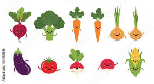Set of cute kawaii vegetable characters with smiling faces, including beet, broccoli, carrot, onion, eggplant, tomato, radish, and corn.