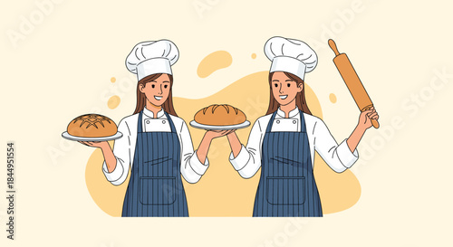 Two smiling female chefs or bakers in professional uniform with aprons and hats, presenting freshly baked bread and holding a rolling pin.