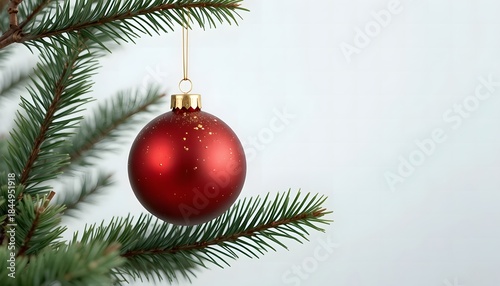 Red Christmas Ornament with Gold Glitter Hanging on Green Pine Branch