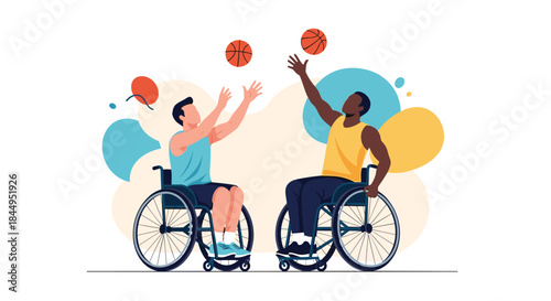 Two diverse male athletes in wheelchairs actively playing basketball, demonstrating inclusion, adaptive sports, and the paralympic spirit.
