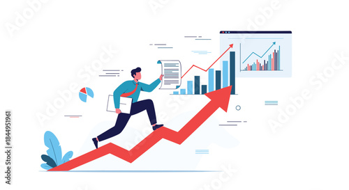 Ambitious businessman carrying documents runs up a red arrow graph towards success, with data charts and analytics in the background.
