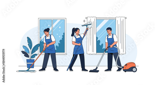 Professional cleaning service team at work, with staff mopping floors, washing windows, and vacuuming a room, ensuring a spotless home.