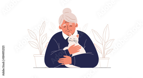 Happy and content elderly woman with grey hair smiling warmly as she lovingly hugs her adorable white cat, showing a strong human-animal bond.