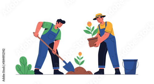 Two male gardeners in overalls working together to plant a flower, with one digging a hole and the other holding the new plant.