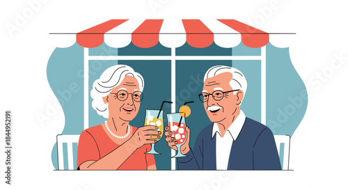 Happy elderly couple smiling and toasting with colorful cocktails at an outdoor cafe, celebrating their love and enjoying retirement together.