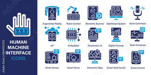 Human Machine Interface Icon set. Containing screen, dashboard, touchscreen, panel, button and more. Solid vector icons collection. Vector illustration.