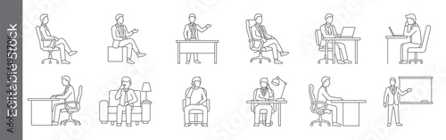 Office chair and desk worker cad style line icon set – editable outline symbols of sitting, working, reading, thinking and presenting