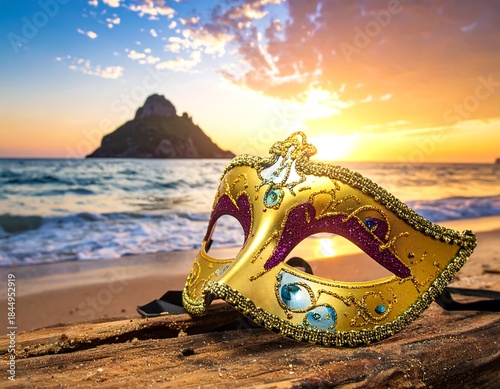 A bejeweled mask rests on driftwood overlooking the ocean sunset