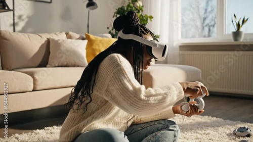 Woman immersed in virtual reality gaming experience with VR headset and controllers.