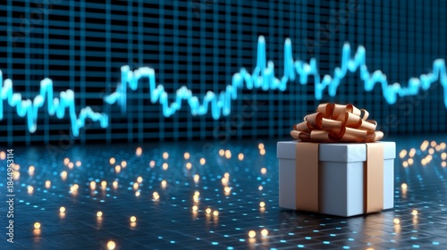 digital finance, futuristic investing, graph, analytics, Holiday Gift Beside Stock Analytics on Futuristic Screen with Copy Space