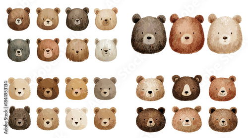 Cute watercolor bear face illustration set with varied expressions and soft colors ideal for nursery decor kids design stickers patterns and friendly animal themes.