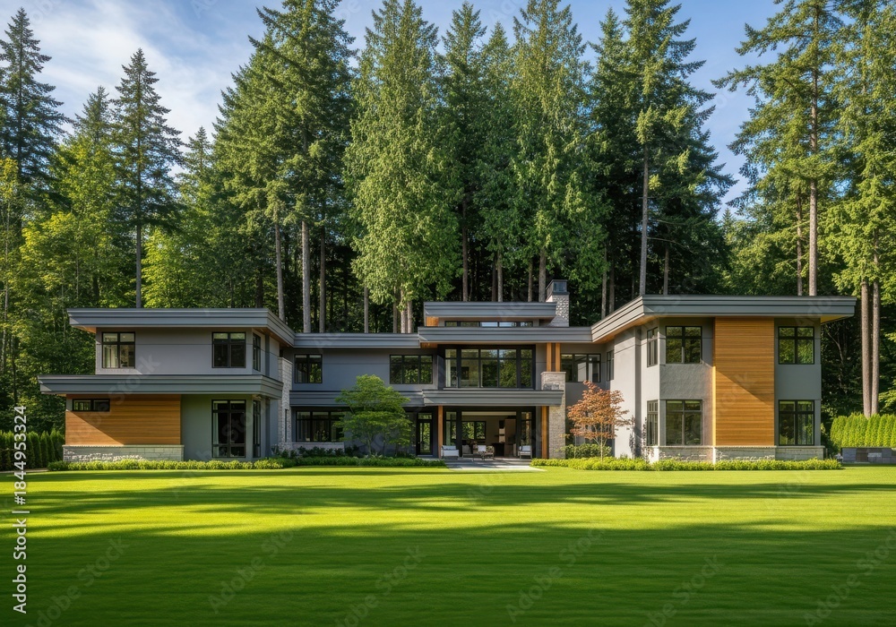 Obraz premium Modern luxury house with large windows and manicured lawn surrounded by tall trees