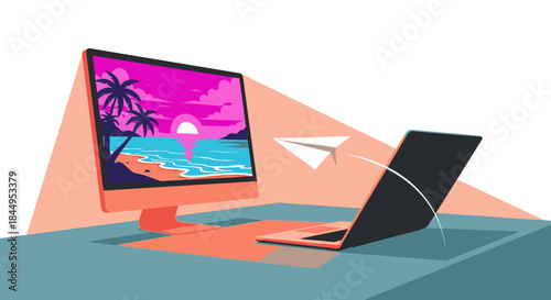 Seamless digital communication and travel planning, sending a vibrant beach sunset image from a desktop monitor to a laptop via a paper airplane.