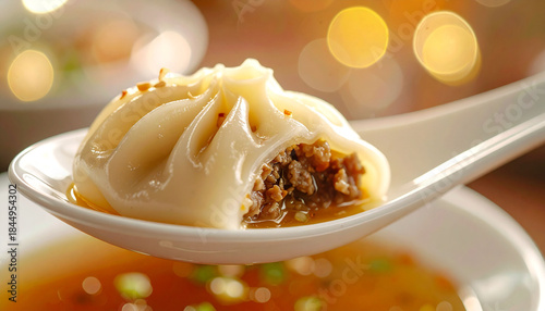 Xiao Long Bao Soup Dumpling with Broth on Spoon